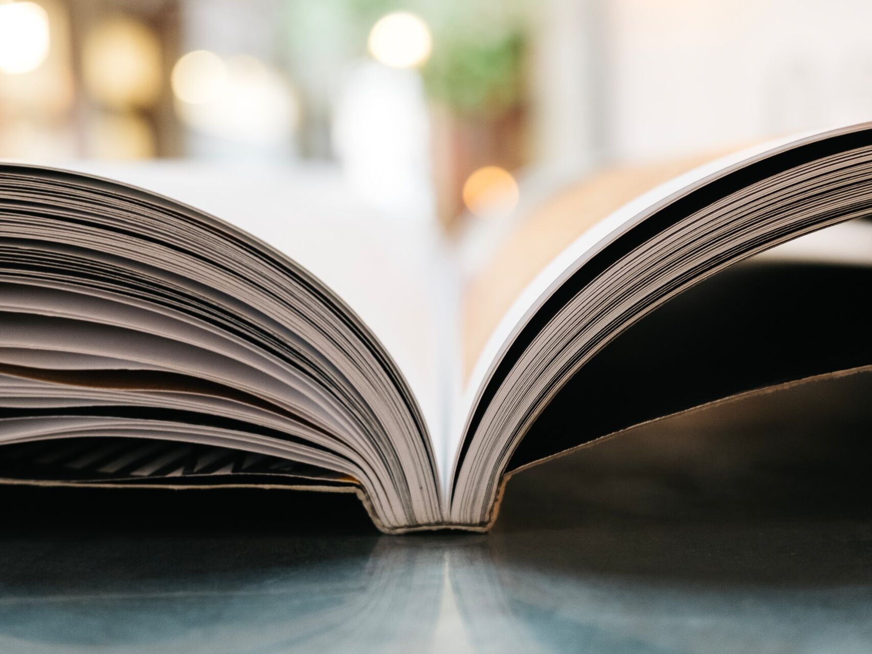 Aufgeschlagenes Buch in Nahaufnahme mit unscharfem Hintergrund.