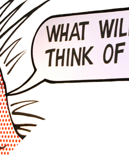 Ausschnitt einer Pop-Art-Sprechblase mit dem Text „WHAT WILL THINK OF“.